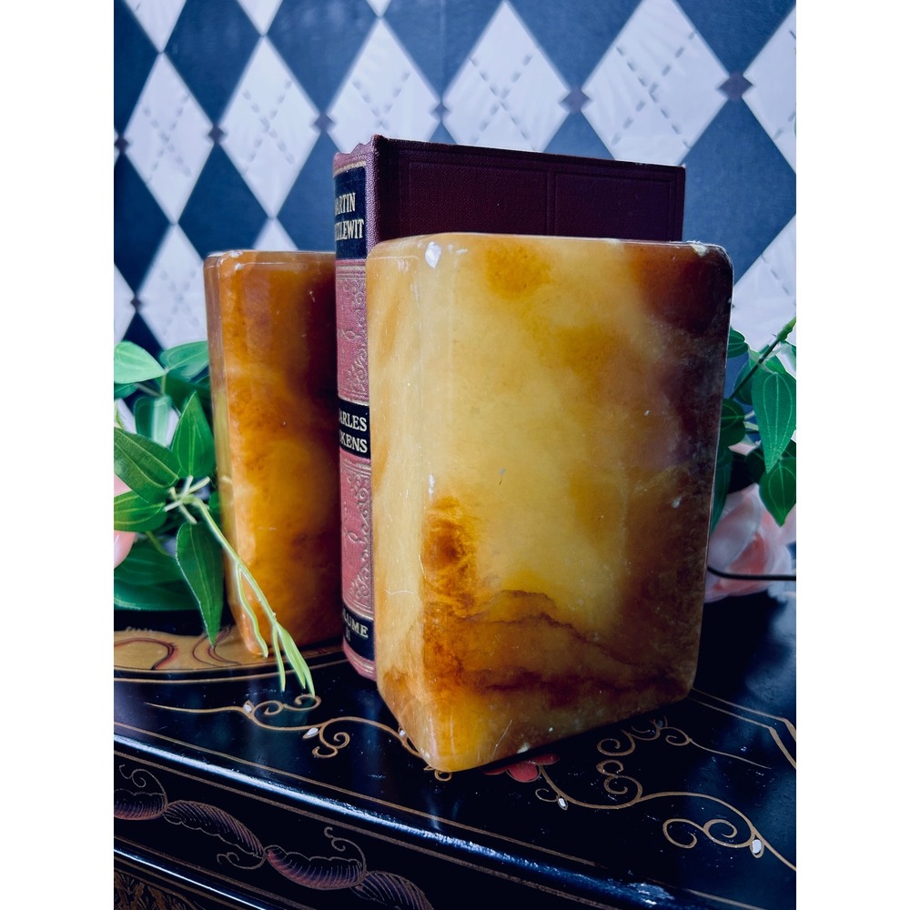 Vintage Honey Onyx Stone Bookends Pair Mid Century Marble Desk Decor